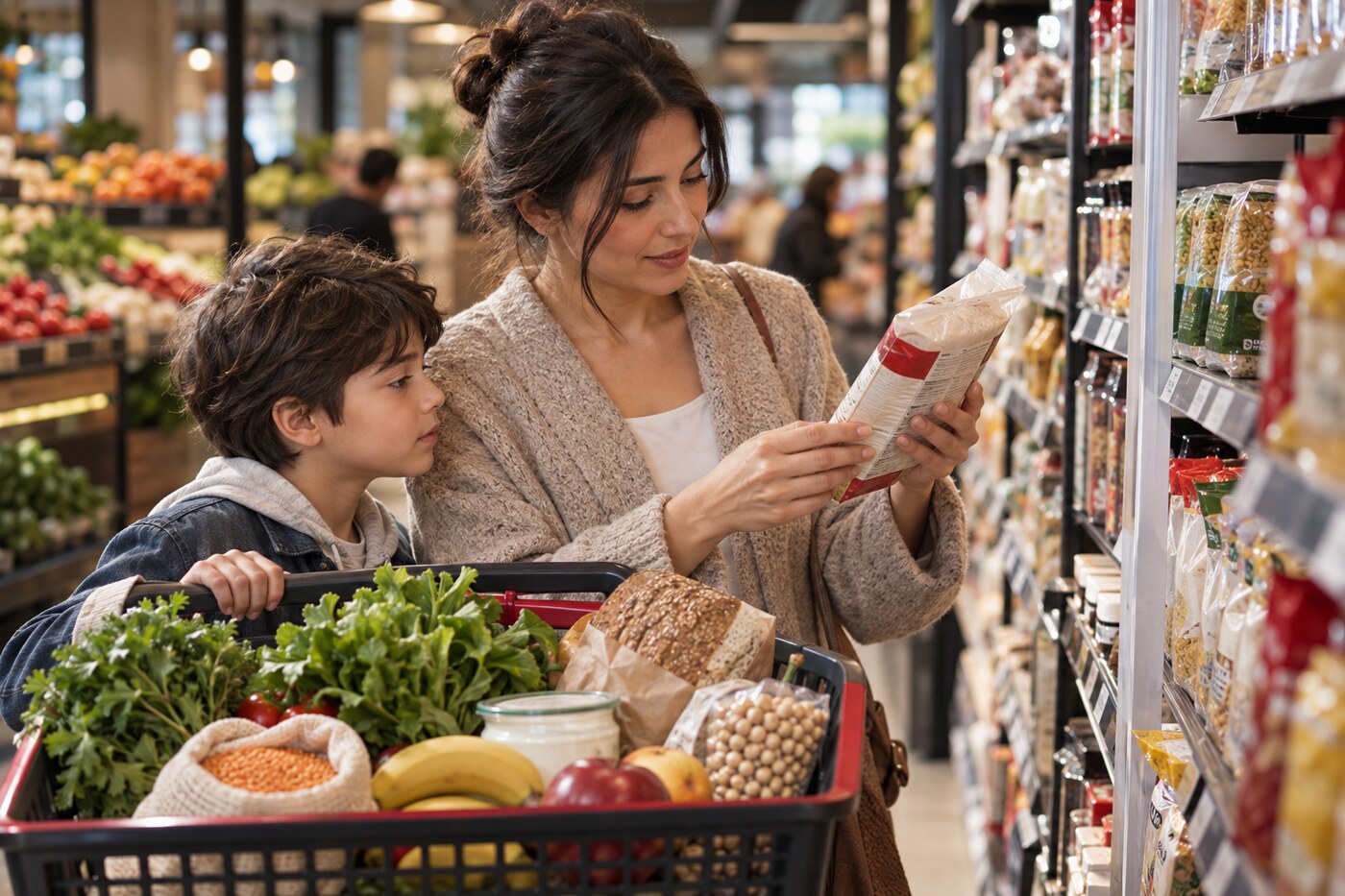 Markette çocuğuyla besin etiketini inceleyen bir anne