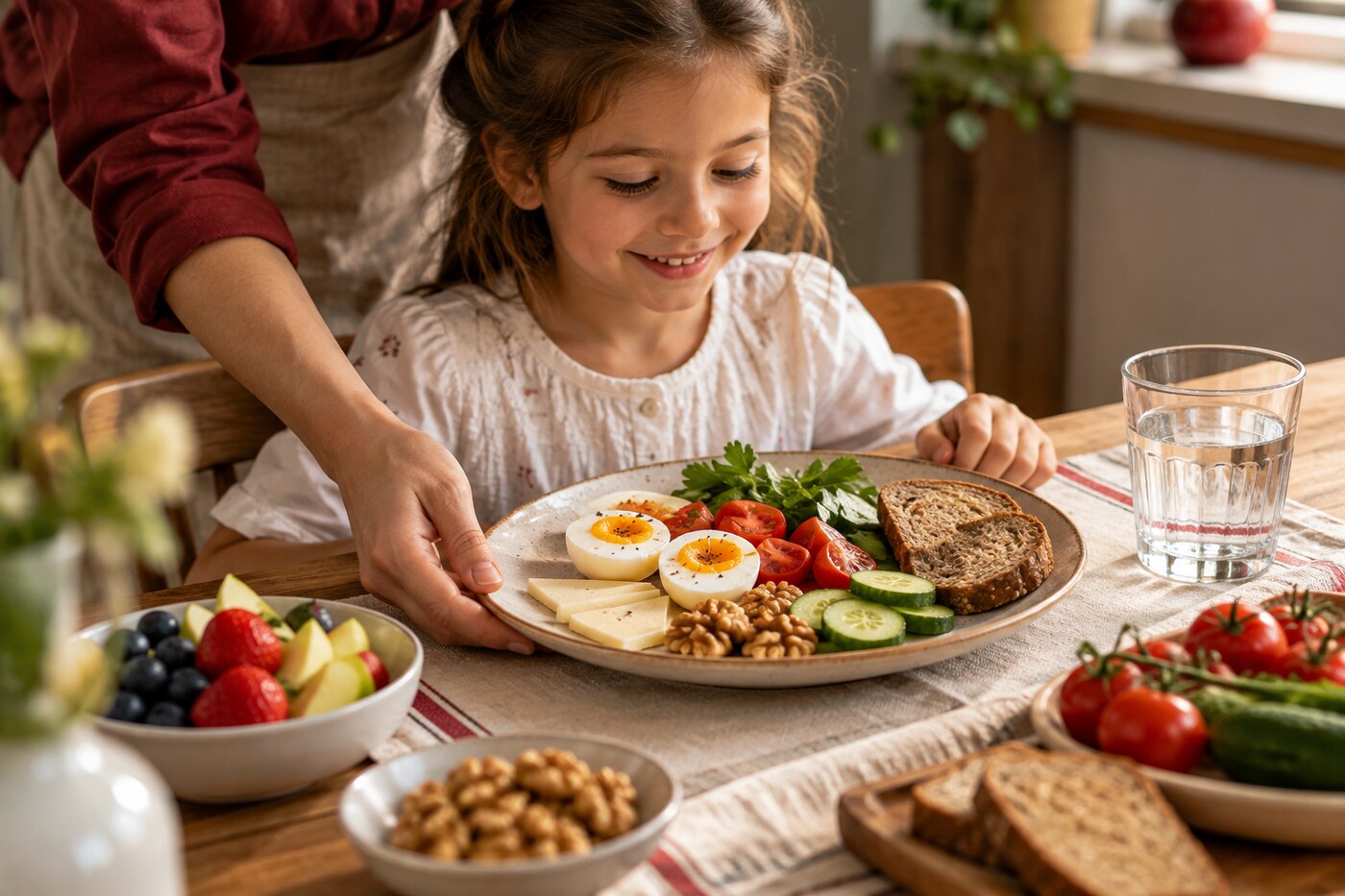 Yumurta, peynir, ceviz, tam tahıllı ekmek ve sebzelerden oluşan dengeli çocuk kahvaltısı